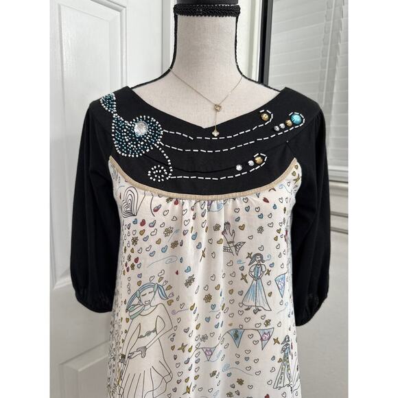 MINKPINK Silk Embellished Dress Sz 2 Oversized Graphic Print Boho Indie Artsy - Picture 2 of 11